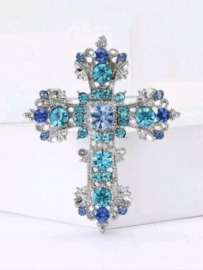 Blue Silver Cross Rhinestone Brooch Pin